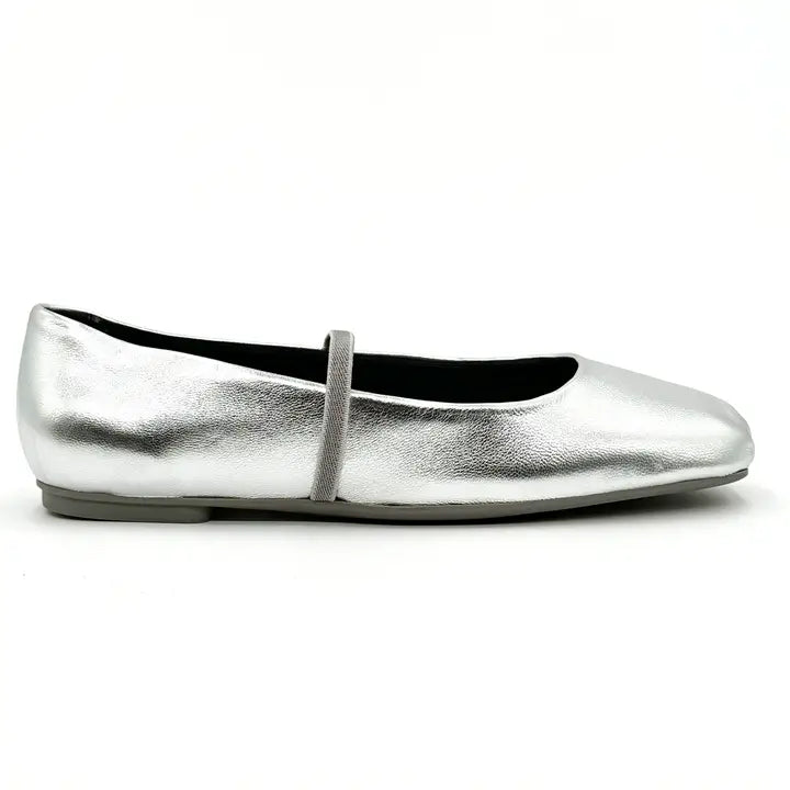 Mary Silver Leather Elastic Mary Jane Flats - Silver