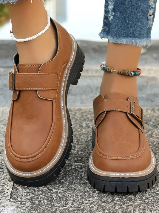 Pu Leather Round Toe Buckle Loafers