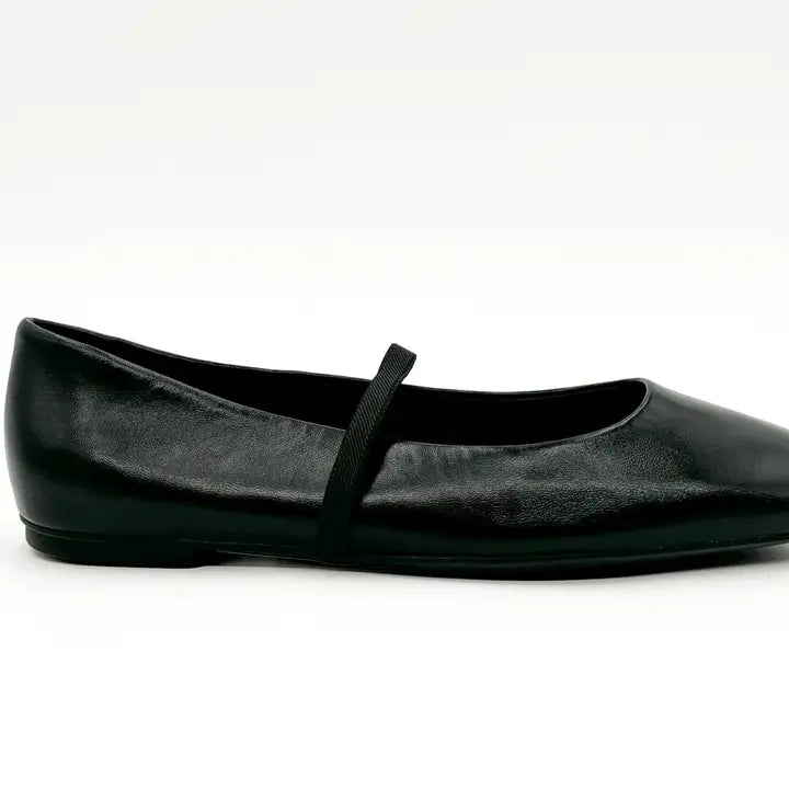 Mary Black Leather Elastic Mary Jane Flats - Black