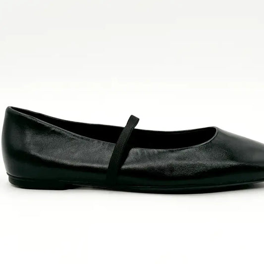 Mary Black Leather Elastic Mary Jane Flats - Black
