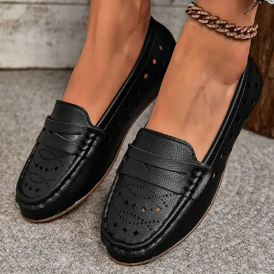 Black Hollow-Out Flat Loafers