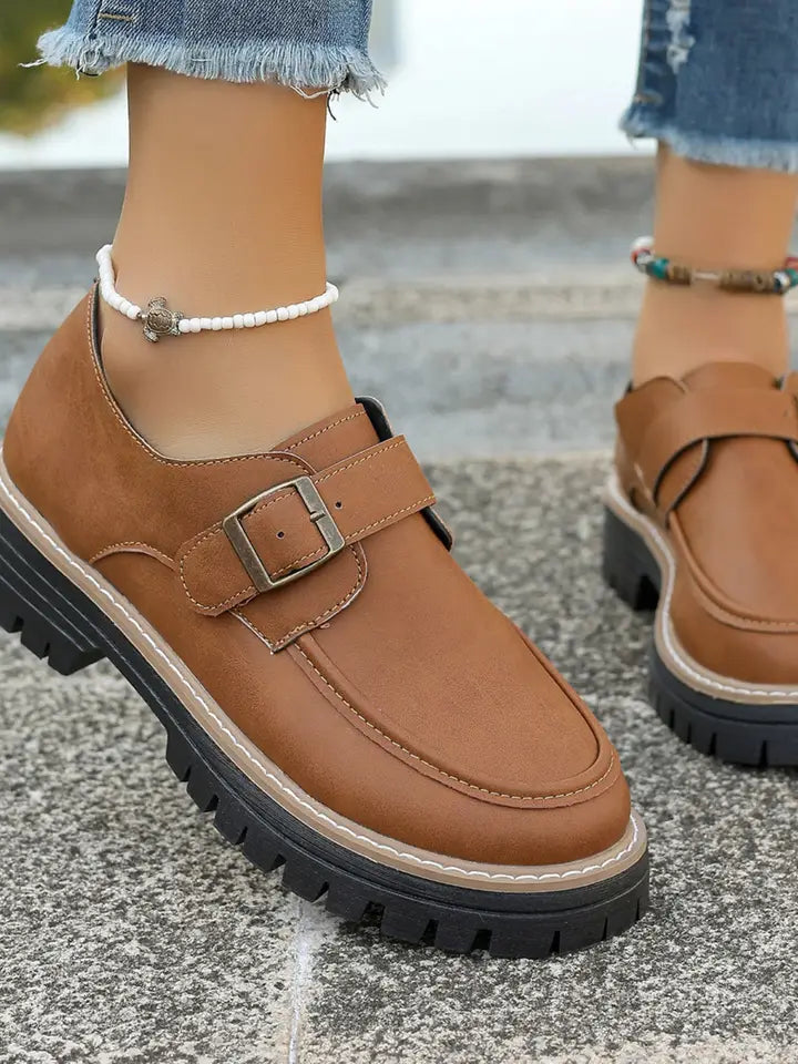 Pu Leather Round Toe Buckle Loafers