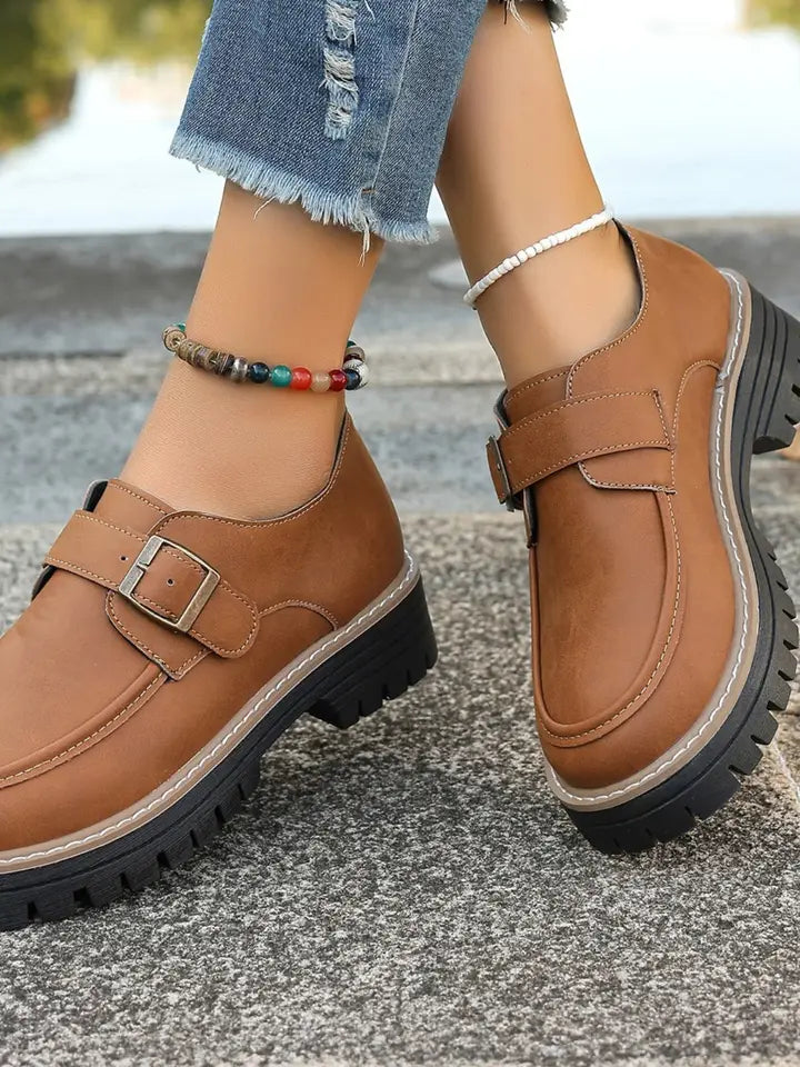 Pu Leather Round Toe Buckle Loafers