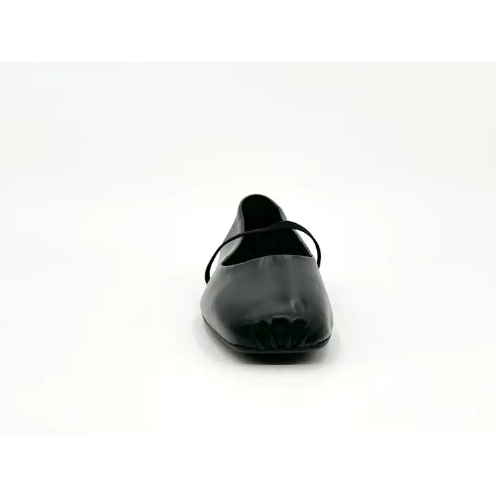 Mary Black Leather Elastic Mary Jane Flats - Black