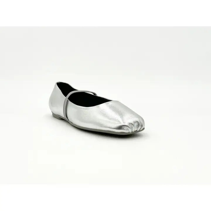 Mary Silver Leather Elastic Mary Jane Flats - Silver