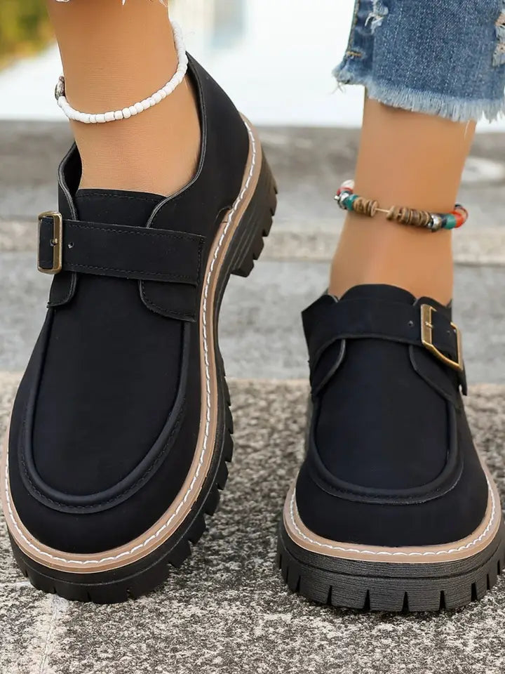 Pu Leather Round Toe Buckle Loafers