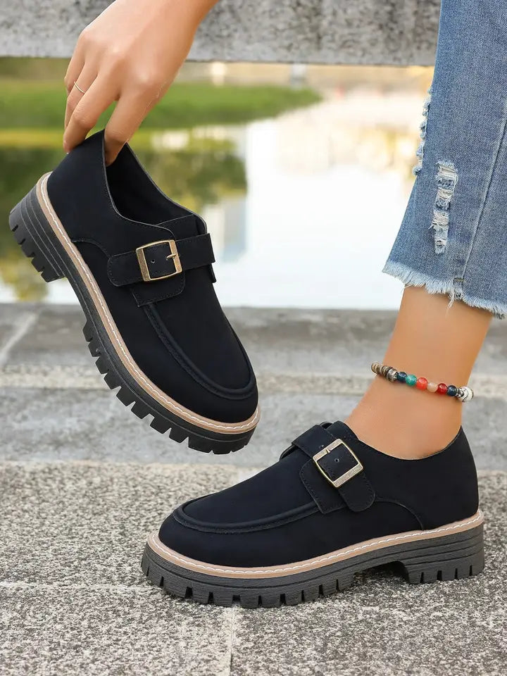Pu Leather Round Toe Buckle Loafers