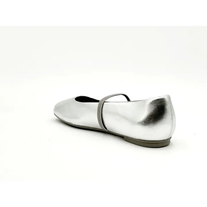 Mary Silver Leather Elastic Mary Jane Flats - Silver