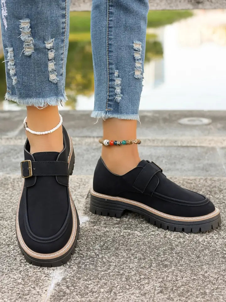 Pu Leather Round Toe Buckle Loafers